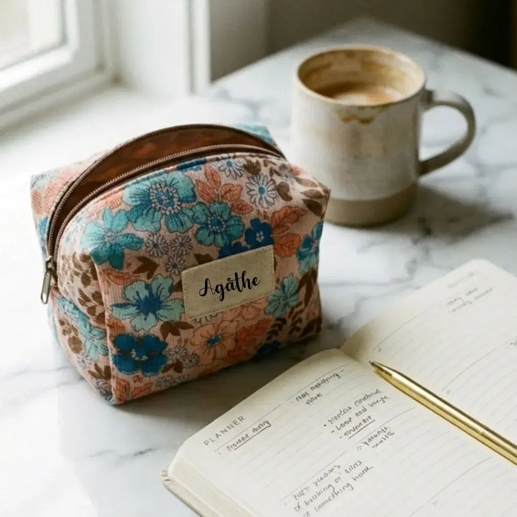 trousse maquillage tissu fleuri hibiscus avec fermeture éclair posée près d’un carnet et tasse