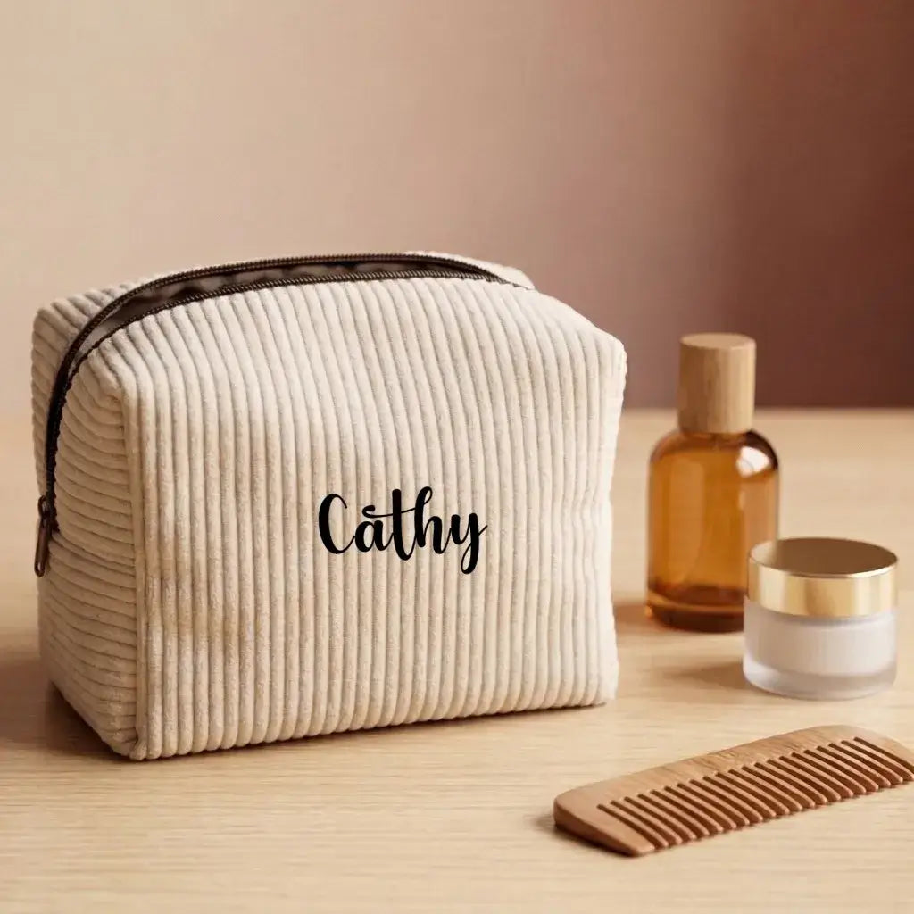 trousse maquillage velours côtelé écru personnalisée avec prénom