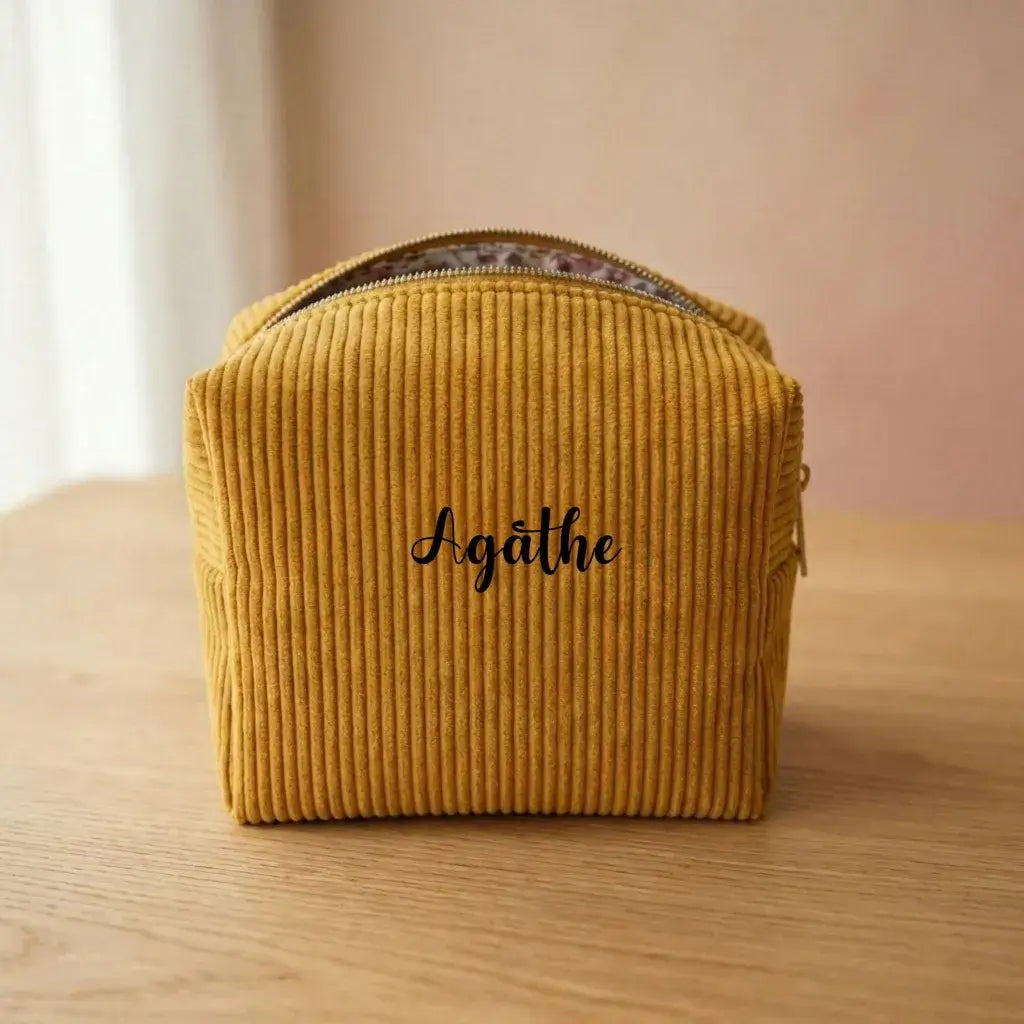trousse maquillage velours côtelé jaune personnalisée avec prénom