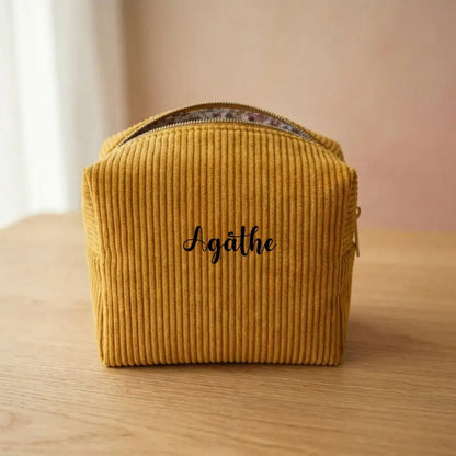 trousse maquillage velours côtelé jaune personnalisée avec prénom