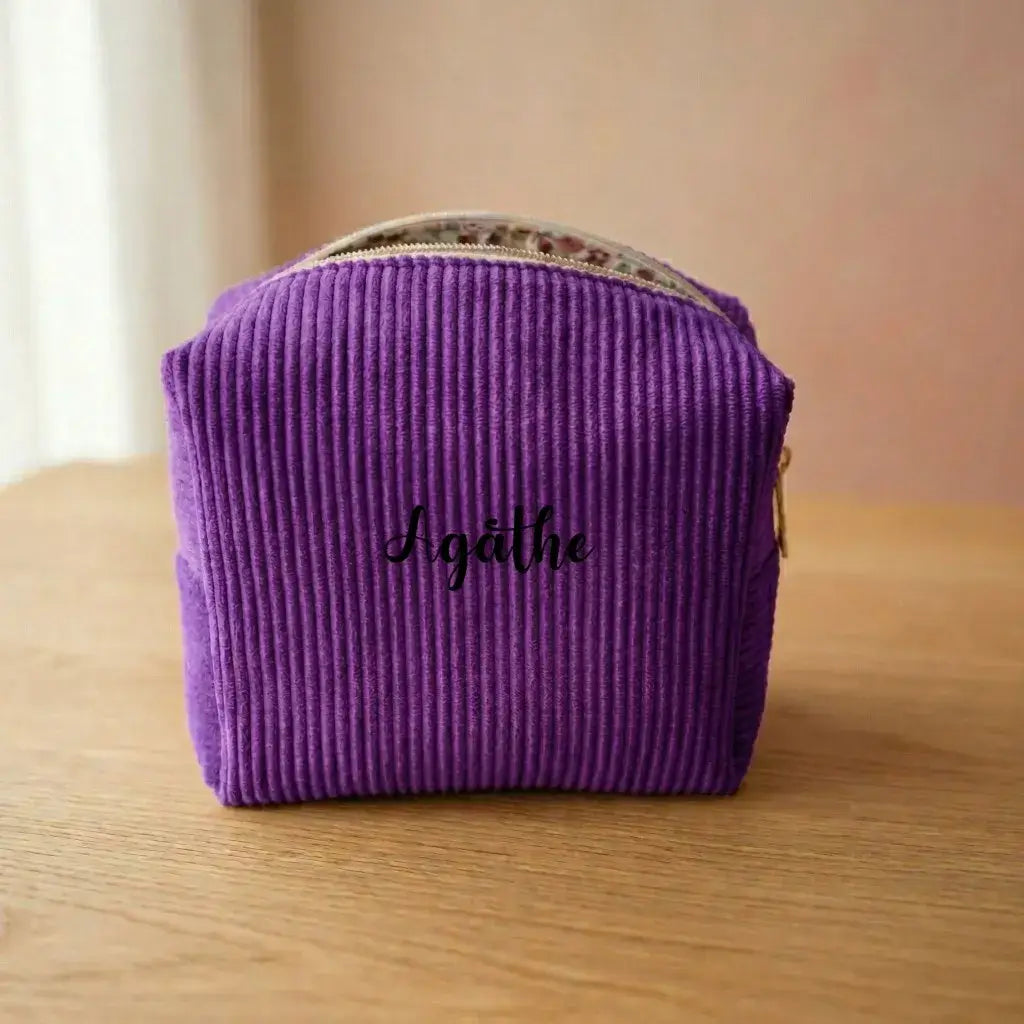 trousse maquillage velours côtelé lavande personnalisée avec prénom
