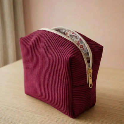 trousse maquillage velours côtelé lie de vin avec fermeture éclair