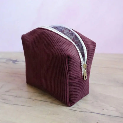 trousse maquillage velours côtelé prune avec fermeture éclair