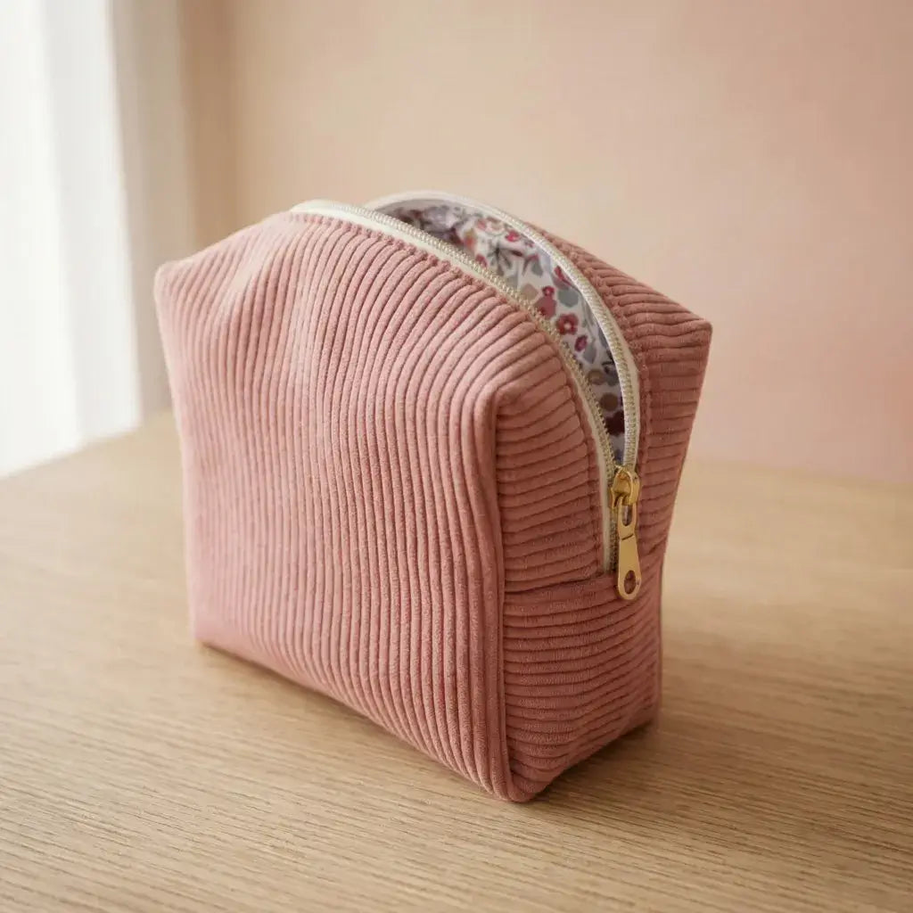 trousse maquillage velours côtelé rose compacte et élégante