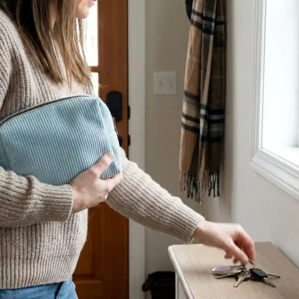 trousse maquillage velours côtelé bleu clair portée au quotidien