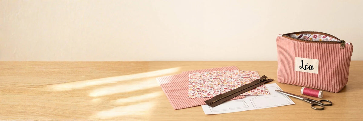Trousse en velours côtelé rose personnalisée au prénom Léa, à côté d'un kit couture prêt à coudre : tissus prédécoupés, doublure fleurie, fermeture éclair et patron