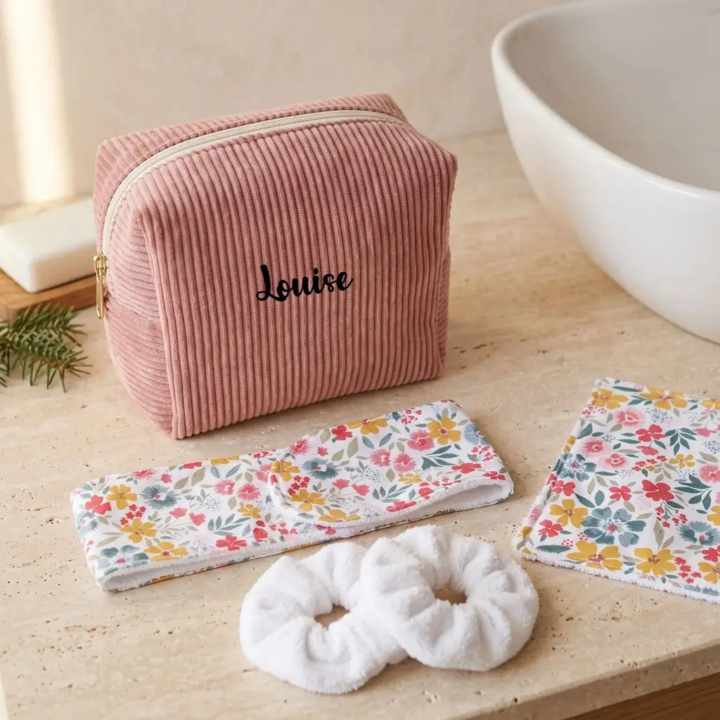 Trousse de toilette rose en velours côtelé fermée, prénom Louise en noir, sur un plan de vasque avec bandeau et chouchous