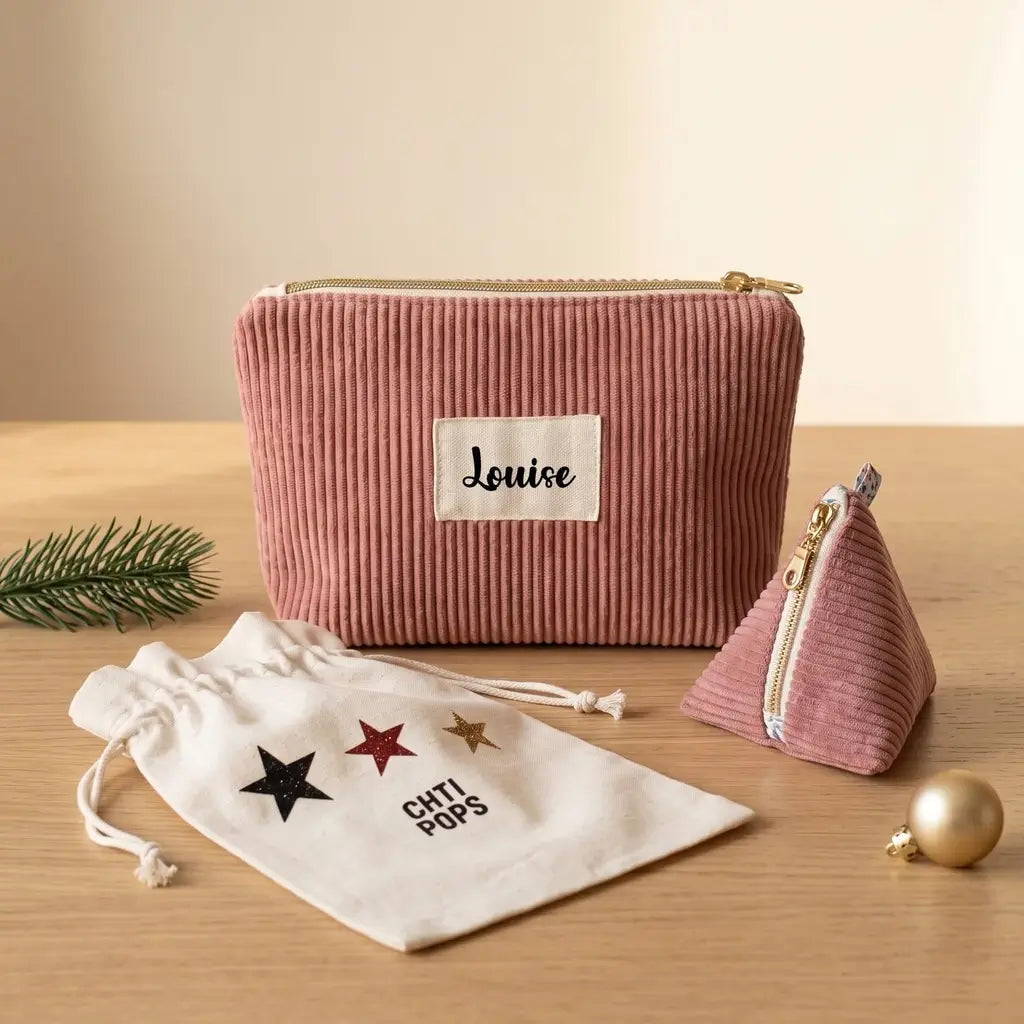 Trousse zippée terracotta en velours côtelé avec étiquette Juliette, porte-monnaie berlingot et pochon écru à cordon